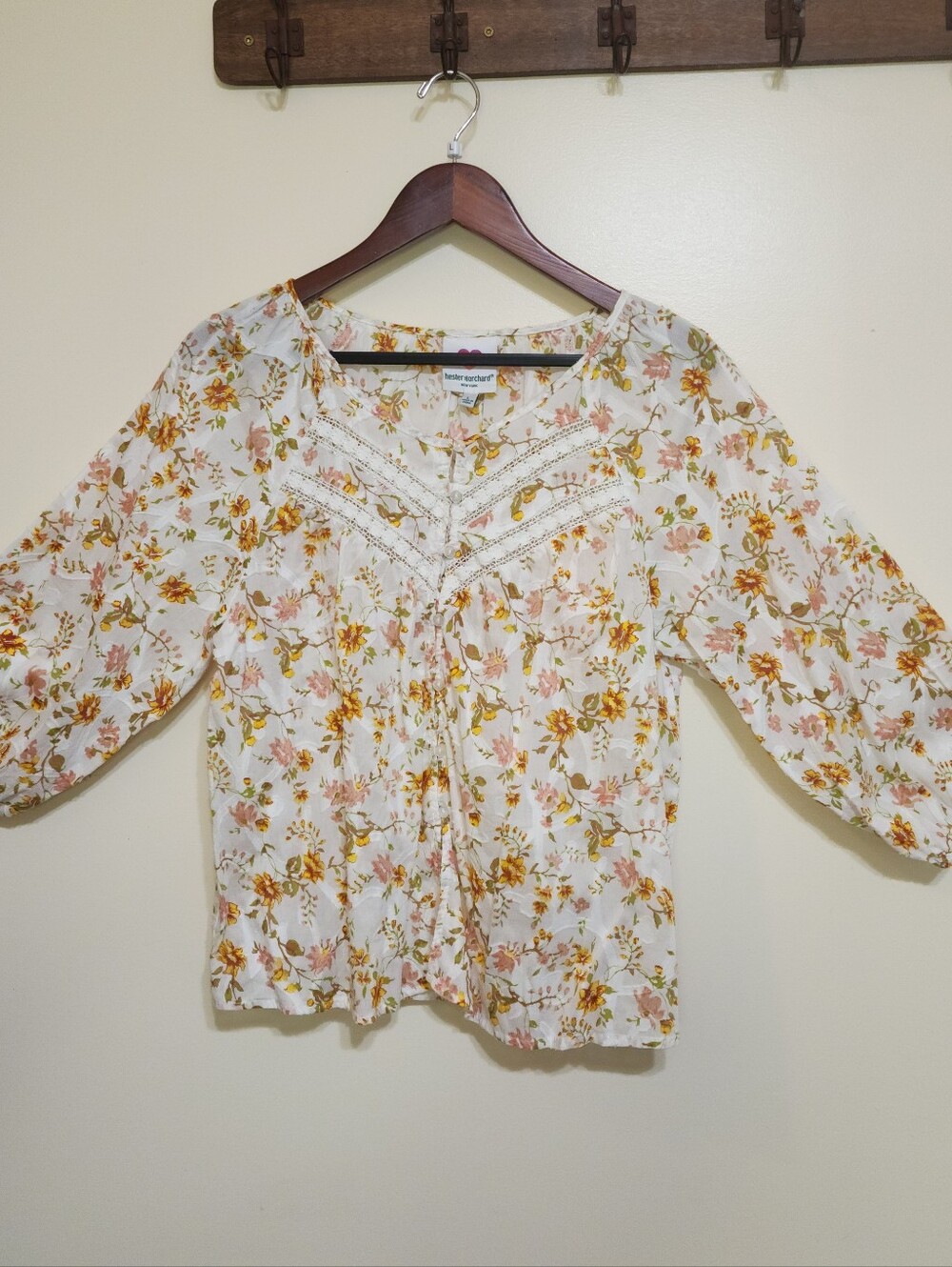 Hester & Orchard New York Shirt Embroidered Insert Floral Boho Peasant Blouse L - Picture 2 of 9